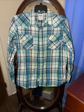 Levi's Men's Teal and White Plaid Button-Down Western Shirt